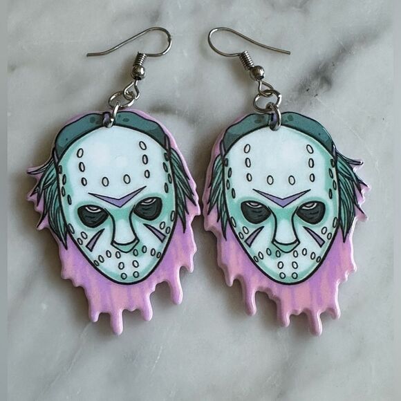 NWOT Double sided art Slasher dangle earrings 80’s horror pink and grey - Picture 1 of 3